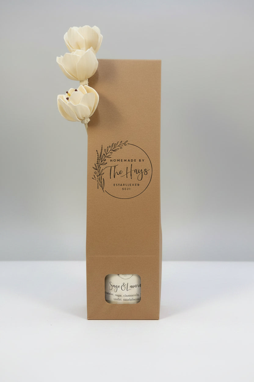 Kraft paper packaging with a small jar and decorative flowers on a light gray background